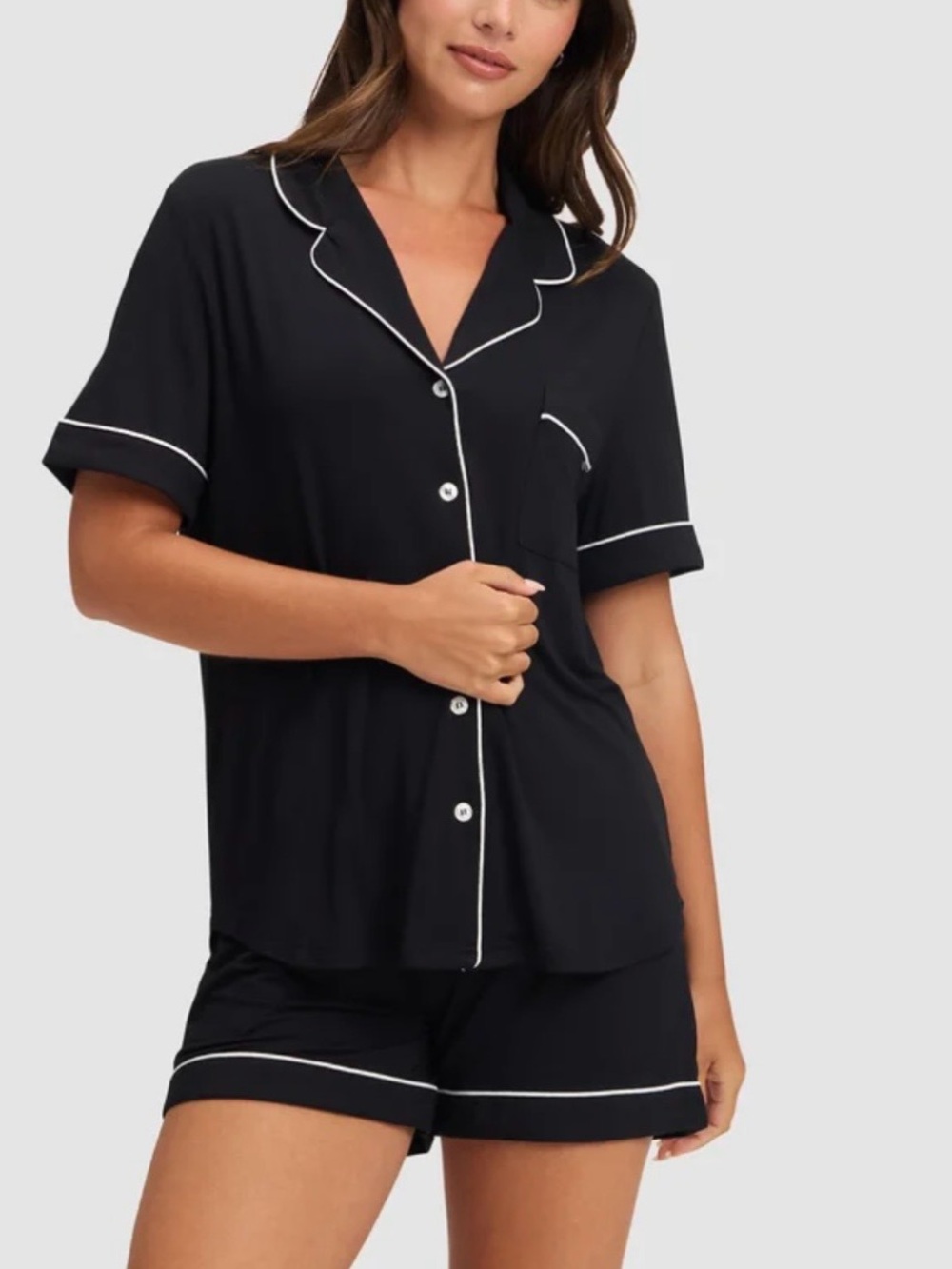 Cozy Earth Bamboo Stretch- Knit Pajama Short set - Black w/ white piping